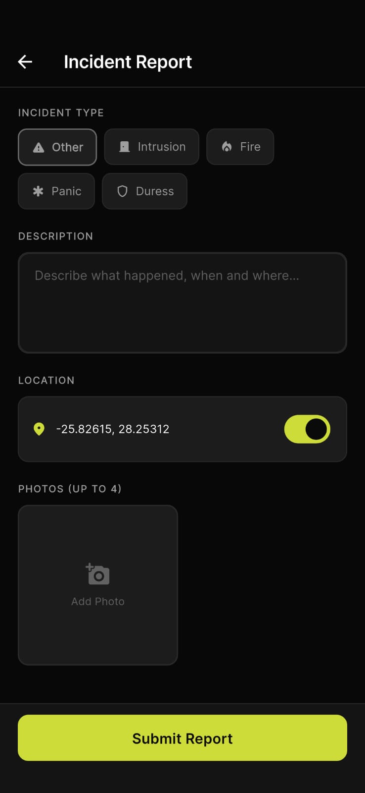 OnGuard incident report screen with type selector and photo capture